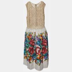 Pre Owned Dolce & Gabbana Beige Floral Print Linen & Lace Sleeveless Dress M