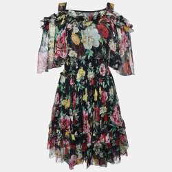 Pre Owned Dolce & Gabbana Black Floral Print Silk Ruffled Dress M