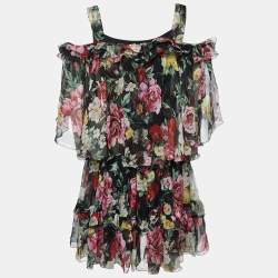 Pre Owned Dolce & Gabbana Black Floral Print Silk Ruffled Dress M