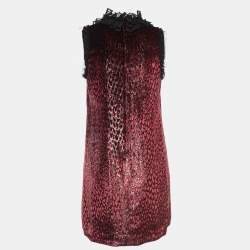 Pre Owned Dolce & Gabbana Burgundy Lace Trim Lurex and Velvet Shift Dress S