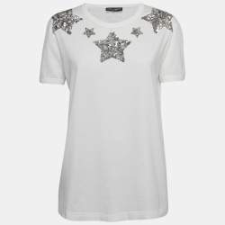 Pre Owned Dolce & Gabbana White Star Embroidered Cotton Knit Tshirt S
