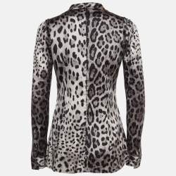 Pre Owned Dolce & Gabbana Grey Leopard Print Silk Buttoned Front Top S
