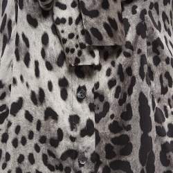 Pre Owned Dolce & Gabbana Grey Leopard Print Silk Buttoned Front Top S