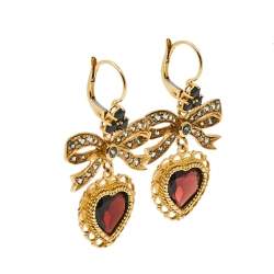 Pre Owned Dolce & Gabbana Bow Heart Multicolor Sapphire Garnet 18k Yellow Gold Leverback Earrings 