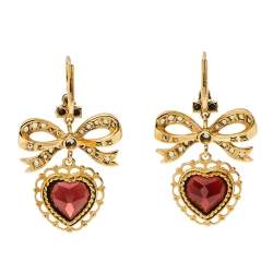 Pre Owned Dolce & Gabbana Bow Heart Multicolor Sapphire Garnet 18k Yellow Gold Leverback Earrings 