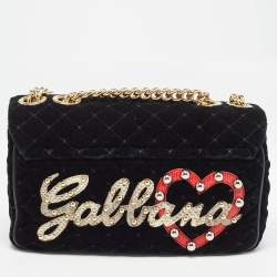 Pre Owned Dolce & Gabbana Black Quilted Velvet and Leather Lucia Embellished Shoulder Bag