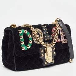 Pre Owned Dolce & Gabbana Black Quilted Velvet and Leather Lucia Embellished Shoulder Bag