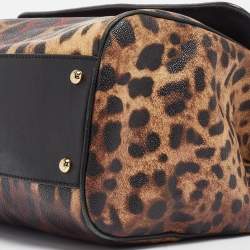 Pre Owned Dolce & Gabbana Black/Brown Leopard Print Coated Canvas Large Miss Sicily Top Handle Bag