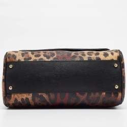 Pre Owned Dolce & Gabbana Black/Brown Leopard Print Coated Canvas Large Miss Sicily Top Handle Bag