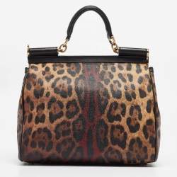 Pre Owned Dolce & Gabbana Black/Brown Leopard Print Coated Canvas Large Miss Sicily Top Handle Bag