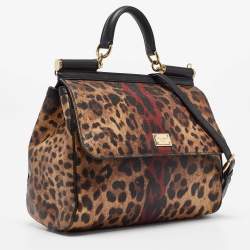 Pre Owned Dolce & Gabbana Black/Brown Leopard Print Coated Canvas Large Miss Sicily Top Handle Bag