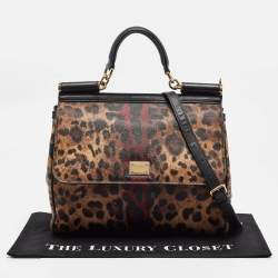 Pre Owned Dolce & Gabbana Black/Brown Leopard Print Coated Canvas Large Miss Sicily Top Handle Bag