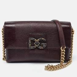 Pre Owned Dolce & Gabbana Burgundy Lizard Embossed Leather DG Millennials Shoulder Bag