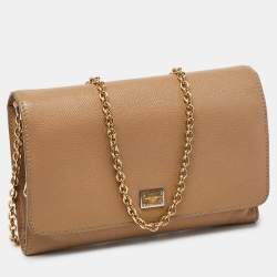 Pre Owned Dolce & Gabbana Beige Leather Flap Crossbody Bag
