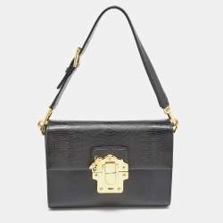 Pre Owned Dolce & Gabbana Black Lizard Embossed Leather Medium Lucia Shoulder Bag