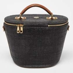 Pre Owned Dolce & Gabbana Grey/Brown Raffia and Lizard Embossed Leather Bucket Bag