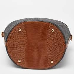 Pre Owned Dolce & Gabbana Grey/Brown Raffia and Lizard Embossed Leather Bucket Bag