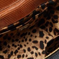 Pre Owned Dolce & Gabbana Grey/Brown Raffia and Lizard Embossed Leather Bucket Bag