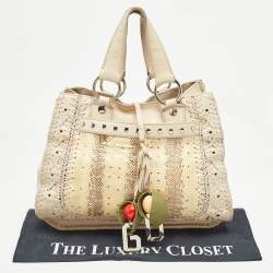 Dolce & Gabbana Cream/Beige Whipstitch Leather and Watersnake DG Charm Tote