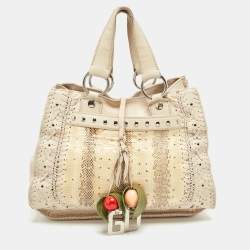 Dolce & Gabbana Cream/Beige Whipstitch Leather and Watersnake DG Charm Tote