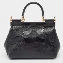 Pre Owned Dolce & Gabbana Black Lizard Embossed Leather Small Crystals DG Miss Sicily Bag