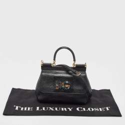 Pre Owned Dolce & Gabbana Black Lizard Embossed Leather Small Crystals DG Miss Sicily Bag