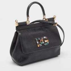 Pre Owned Dolce & Gabbana Black Lizard Embossed Leather Small Crystals DG Miss Sicily Bag