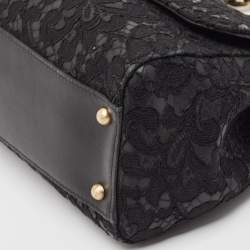 Pre Owned Dolce & Gabbana Black Leather and Lace Medium Miss Sicily Top Handle Bag