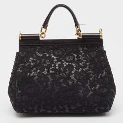Pre Owned Dolce & Gabbana Black Leather and Lace Medium Miss Sicily Top Handle Bag