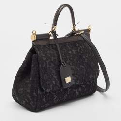 Pre Owned Dolce & Gabbana Black Leather and Lace Medium Miss Sicily Top Handle Bag