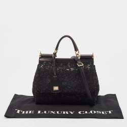 Pre Owned Dolce & Gabbana Black Leather and Lace Medium Miss Sicily Top Handle Bag