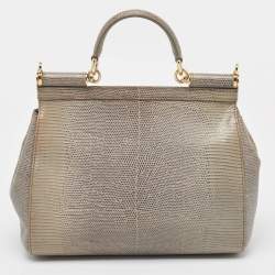 Pre Owned Dolce & Gabbana Grey Lizard Embossed Leather Medium Miss Sicily Top Handle Bag