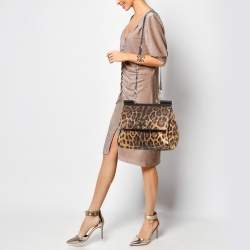 Pre Owned Dolce & Gabbana Black/Brown Leopard Print Coated Canvas and Leather Large Miss Sicily Top Handle Bag 