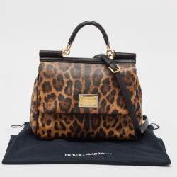 Pre Owned Dolce & Gabbana Black/Brown Leopard Print Coated Canvas and Leather Large Miss Sicily Top Handle Bag 