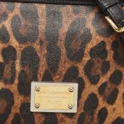 Pre Owned Dolce & Gabbana Black/Brown Leopard Print Coated Canvas and Leather Large Miss Sicily Top Handle Bag 