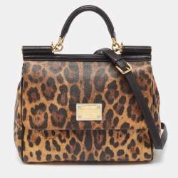 Pre Owned Dolce & Gabbana Black/Brown Leopard Print Coated Canvas and Leather Large Miss Sicily Top Handle Bag 