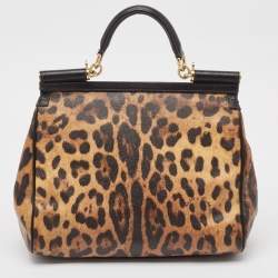 Pre Owned Dolce & Gabbana Black/Brown Leopard Print Coated Canvas and Leather Large Miss Sicily Top Handle Bag 