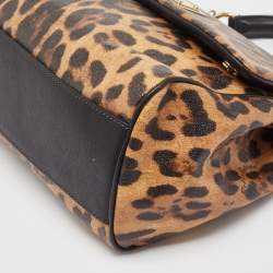 Pre Owned Dolce & Gabbana Black/Brown Leopard Print Coated Canvas and Leather Large Miss Sicily Top Handle Bag 