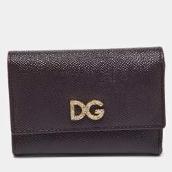 Pre Owned Dolce & Gabbana Burgundy Leather DG Crystals Trifold Wallet