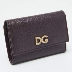 Pre Owned Dolce & Gabbana Burgundy Leather DG Crystals Trifold Wallet