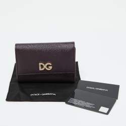 Pre Owned Dolce & Gabbana Burgundy Leather DG Crystals Trifold Wallet