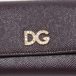 Pre Owned Dolce & Gabbana Burgundy Leather DG Crystals Trifold Wallet