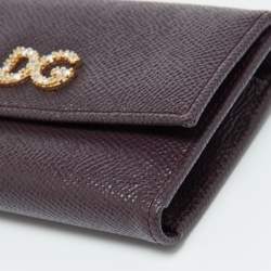 Pre Owned Dolce & Gabbana Burgundy Leather DG Crystals Trifold Wallet