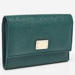 Pre Owned Dolce & Gabbana Green Leather Logo Plaque Trifold Wallet