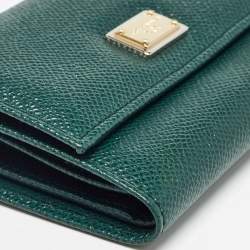 Pre Owned Dolce & Gabbana Green Leather Logo Plaque Trifold Wallet