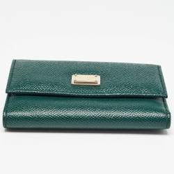 Pre Owned Dolce & Gabbana Green Leather Logo Plaque Trifold Wallet