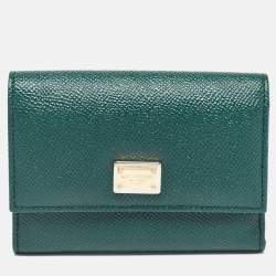 Pre Owned Dolce & Gabbana Green Leather Logo Plaque Trifold Wallet