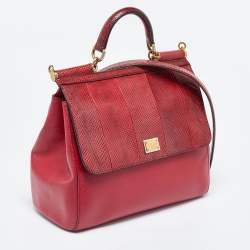 Dolce & Gabbana Red Watersnake and Leather Large Miss Sicily Top Handle Bag