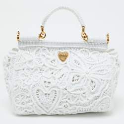 Pre Owned Dolce & Gabbana White Fabric Cordonetto Lace Medium Sicily Cordonetto Top Handle Bag