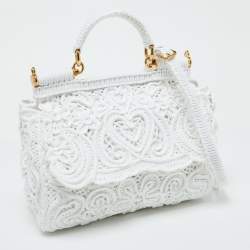 Pre Owned Dolce & Gabbana White Fabric Cordonetto Lace Medium Sicily Cordonetto Top Handle Bag